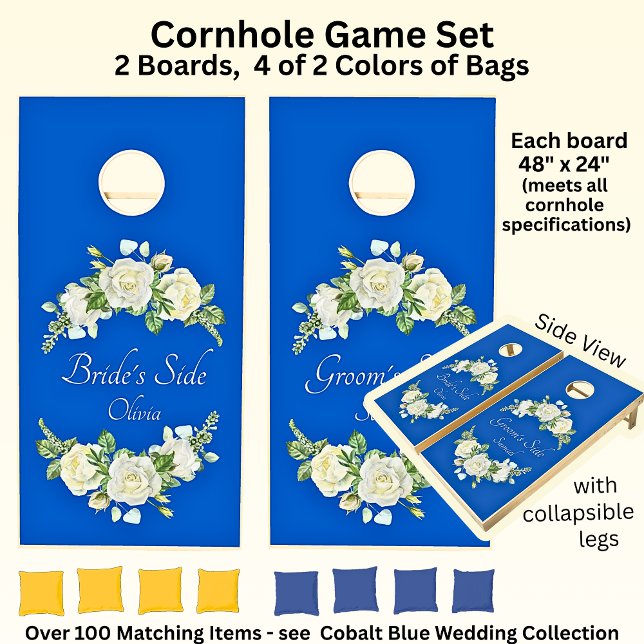 Names with Cobalt Blue & White Roses Cornhole Set (Creator Uploaded)