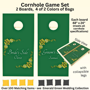 Names with Emerald Green & Gold Wedding Cornhole Set