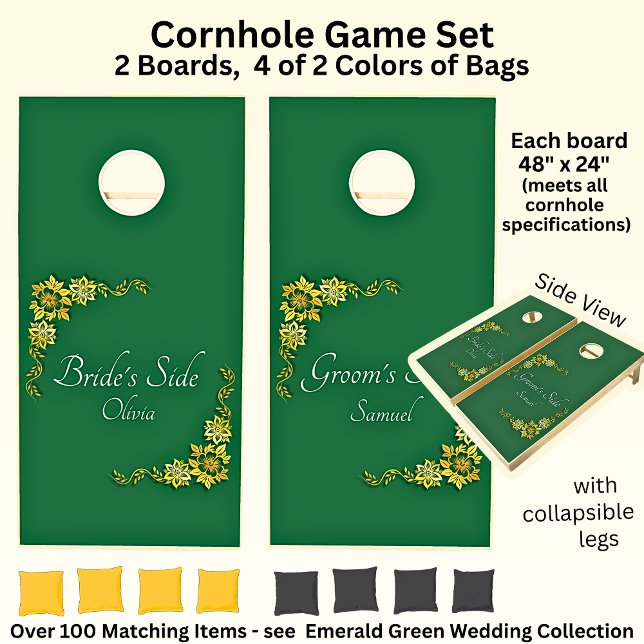 Names with Emerald Green & Gold Wedding Cornhole Set (Creator Uploaded)