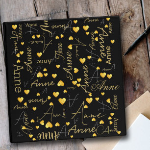 Names with Gold Hearts all over Black Typography 3 Ring Binder