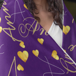 Names with Gold Hearts all over Purple Typography Fleece Blanket