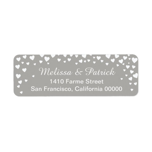 names with love hearts confetti on gray wedding label (Front)