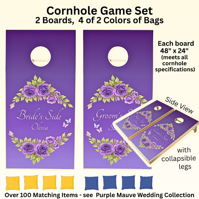 Names with Purple Mauve Flowers & White Wedding Cornhole Set (Creator Uploaded)