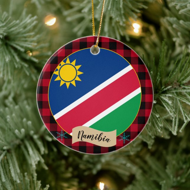 Namibia, Red buffalo plaid & Namibian Flag Ceramic Ornament (Tree)