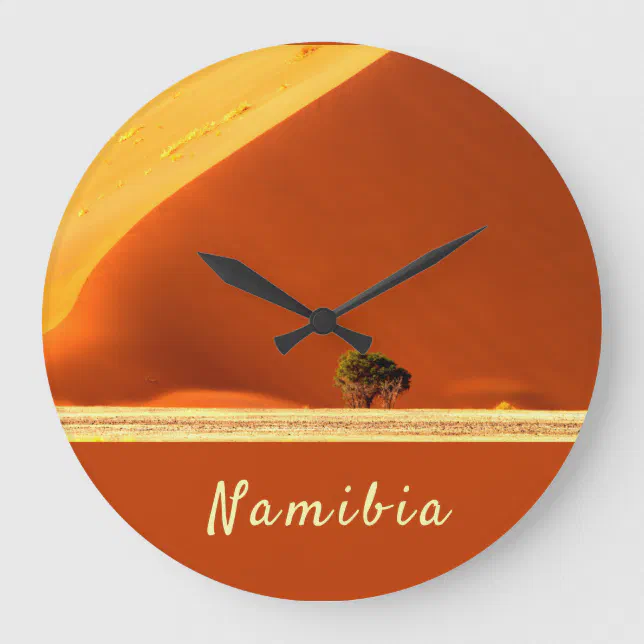 Time Clock Namibia Namibia red dunes of Sossusvlei photo with text Large Clock | Zazzle