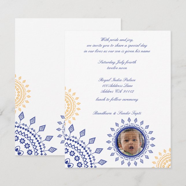 Namkaran Blue & Yellow Baby Naming Invitations (Front/Back)