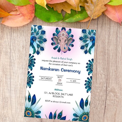 Namkaran Naming Ceremony with Peacock Ganesha Logo Invitation