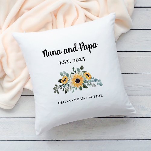 Nana and Papa  Rustic Sunflower and Names Throw Pillow