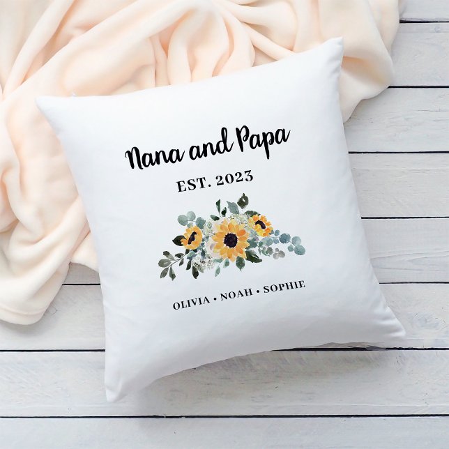 Nana and Papa | Rustic Sunflower and Names Throw Pillow (A simple, elegant pillow keepsake for your Nana and Papa)