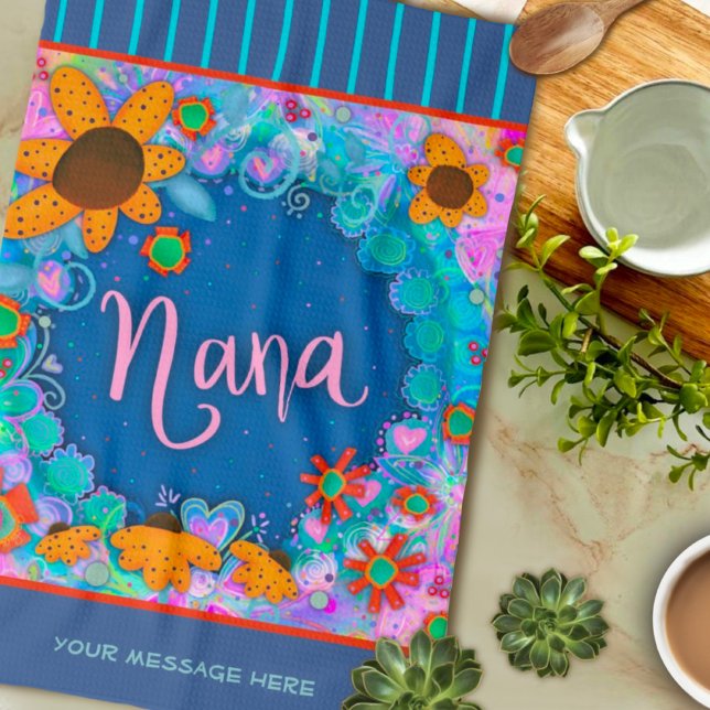 Nana Blue Pretty Floral Stripes Fun Personalized Kitchen Towel (Creator Uploaded)