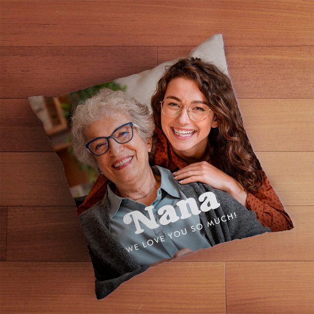 Nana | Boho Text Overlay with Two Photos Throw Pillow (Creator Uploaded)