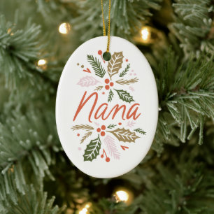 Nana Bright Holly Christmas Photo Ceramic Ornament