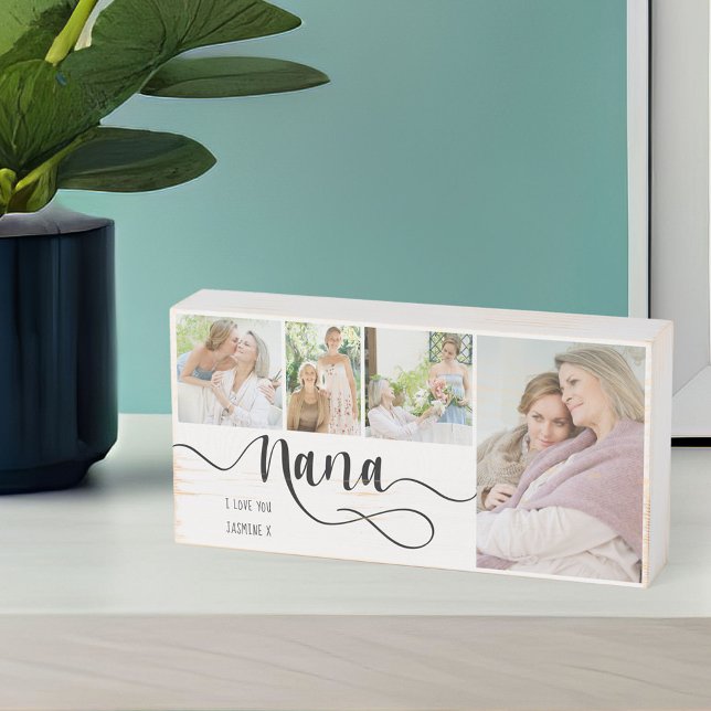 Nana Calligraphy I Love You 4 Photo Rustic Wooden Box Sign (Creator Uploaded)