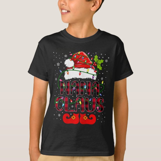 Nana Claus Merry Christmas Buffalo Plaid Santa Hat T-Shirt (Front)