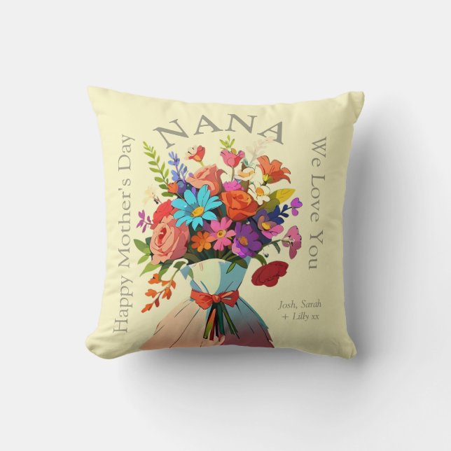 NANA Custom Vibrant Floral Photo Mothers Day Throw Pillow (Front)