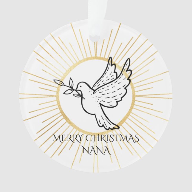 Nana Dove with Olive Branch Gold White Christmas Ornament (Front)