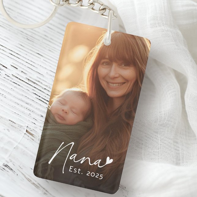 Nana Est year handwritten script with heart photo Keychain (Nana Est year handwritten script with heart photo Keychain)