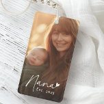 Nana Est year handwritten script with heart photo Keychain<br><div class="desc">Keychain featuring the text "Nana" in a handwritten style script font with a little heart at the end and the est year below as a white overlay over your photo.</div>