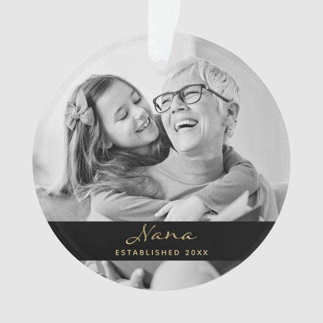 Nana Established | Photo Heart Black and Gold Ornament (Front)
