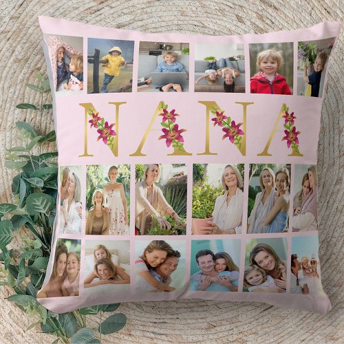 Nana Floral Letters 18 Vertical Photo Collage Pink Throw Pillow