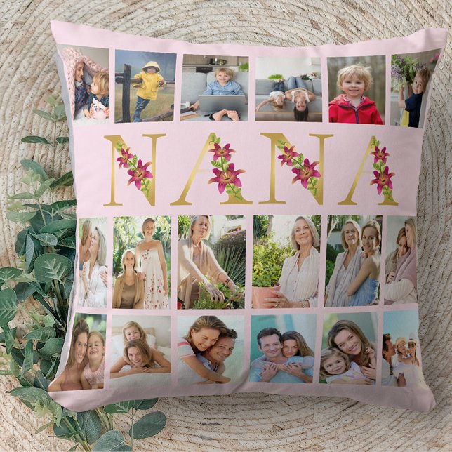 Nana Floral Letters 18 Vertical Photo Collage Pink Throw Pillow (Creator Uploaded)