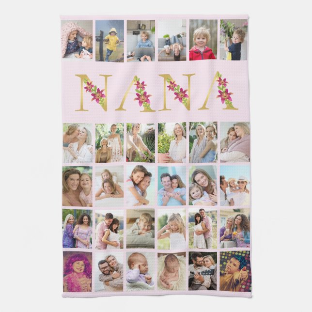 Nana Floral Letters 30 Vertical Photo Collage Pink Kitchen Towel (Vertical)