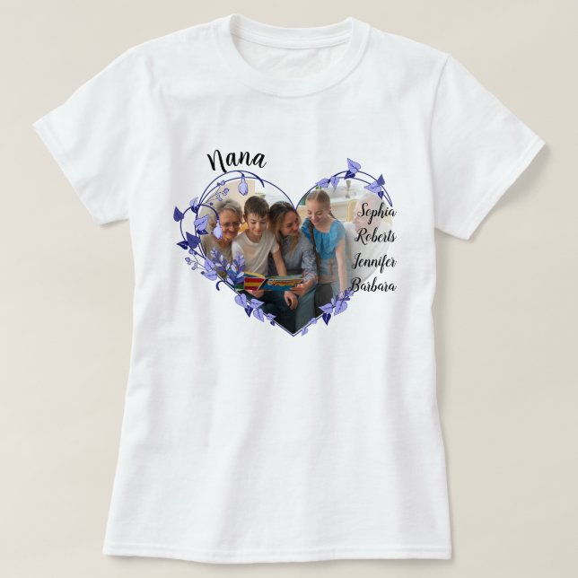 Nana flower heart With Grandkids Names & Photo T T-Shirt (Design Front)