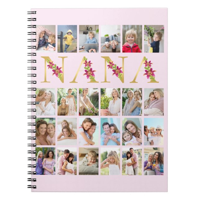 Nana Gold Floral Letters 24 Vertical Photo Collage Notebook (Front)