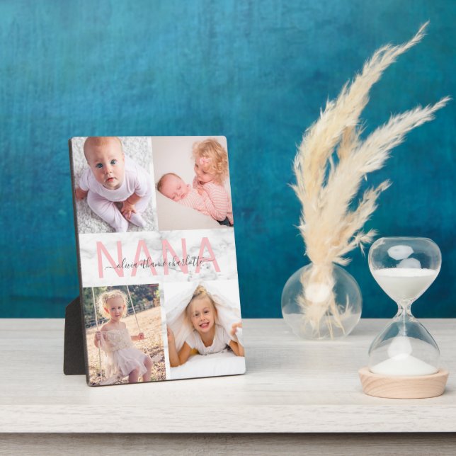 Nana Grandchildren Photo Collage Marble Blush Pink Plaque (Side)