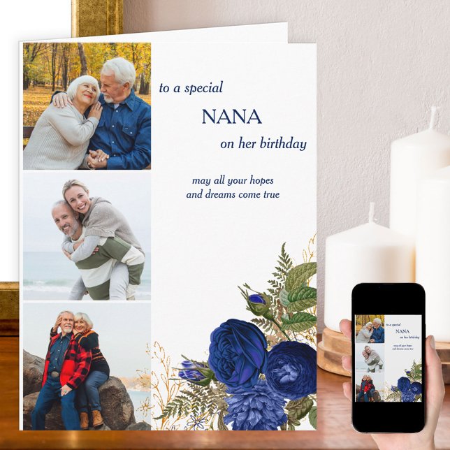 Nana Happy Birthday 3 Photo Blue Roses Card (Creator Uploaded)