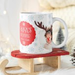 Nana little helper reindeer and santa photos  coffee mug<br><div class="desc">A fun cute design ,  add two photos ,  one with the santa hat and the other with reindeer antlers and ice blue snowflakes pattern. Nana's little helpers. An adorable design,  all elements can be moved and the colors are editable on red</div>