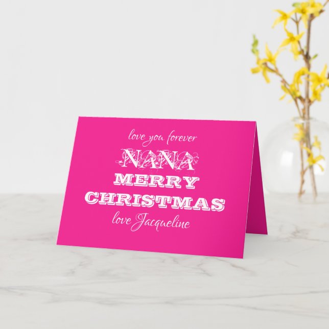 Nana Merry Christmas Personalized Name Cute Pink Card (Yellow Flower)