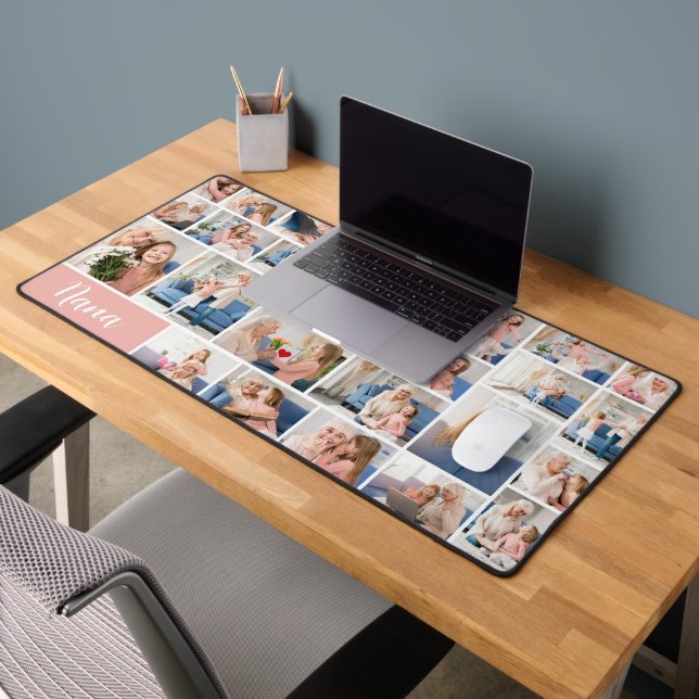 Nana Photo Collage Grid Pink White Grandkids Gift Desk Mat (Office 2)