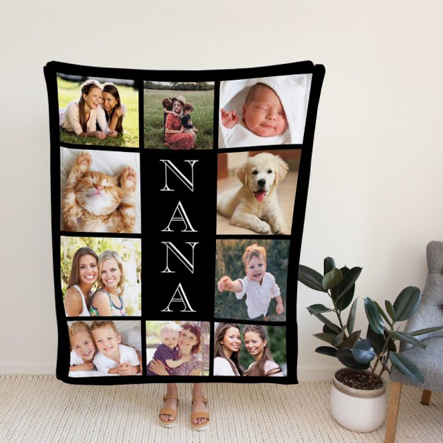 Nana Photo Collage Personalized Black Fleece Blanket (Creator Uploaded)