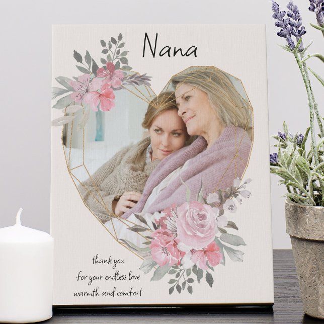 Nana Photo Gold Heart Shaped Pink Floral Frame Faux Canvas Print (Creator Uploaded)