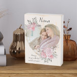 Nana Photo Pink Floral Frame Geometric Gold Heart Wooden Box Sign<br><div class="desc">Custom Photo block which you can personalize for anyone and add a favorite saying or words from the heart. Your photo is set into a geometric heart shaped gold frame. The gemstone frame is decorated with watercolor bouquets of pink flowers. It is lettered with the wording "Nana .. thank you...</div>