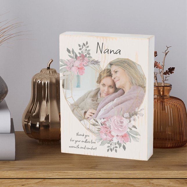 Nana Photo Pink Floral Frame Geometric Gold Heart Wooden Box Sign (Creator Uploaded)