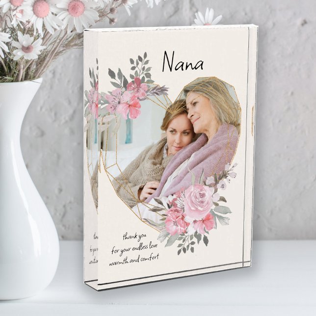 Nana Pink Floral Gold Geometric Heart Shaped Photo Block (Creator Uploaded)