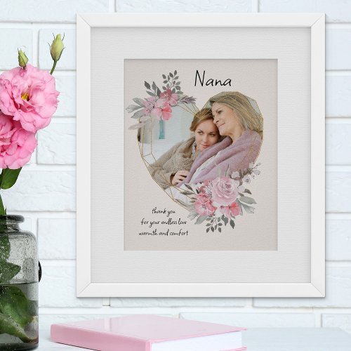 Nana Pink Floral Heart Shaped Photo Gold Frame Poster