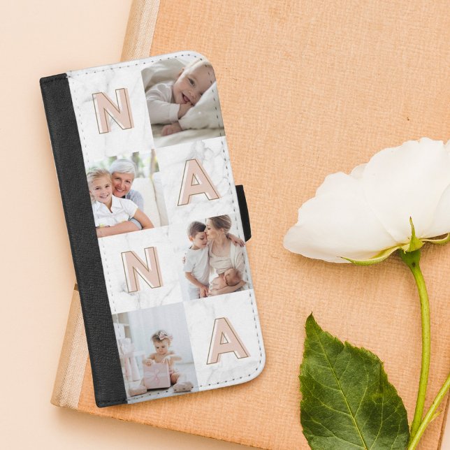 NANA Pink Letters Family Photo Collage Marble iPhone Wallet Case (Creator Uploaded)