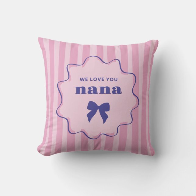 Nana | Pink Stripes with Wavy Frame and Chic Bow Throw Pillow (Front)