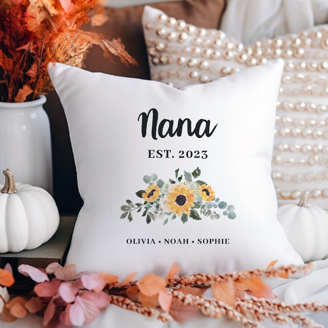 Nana | Pretty Rustic Sunflower and Names Throw Pillow (A pretty, rustic keepsake pillow with sunflowers for your Nana)