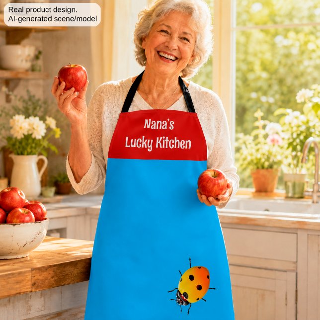 Personalized Nana’s Lucky Kitchen Ladybug Apron with Blue Background
