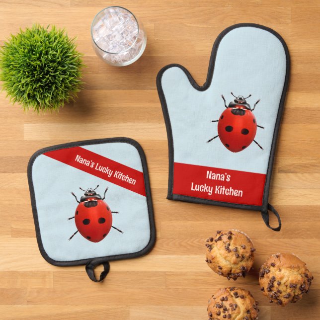 Nana’s Lucky Kitchen Ladybug Oven Mitt and Pot Holder Set
