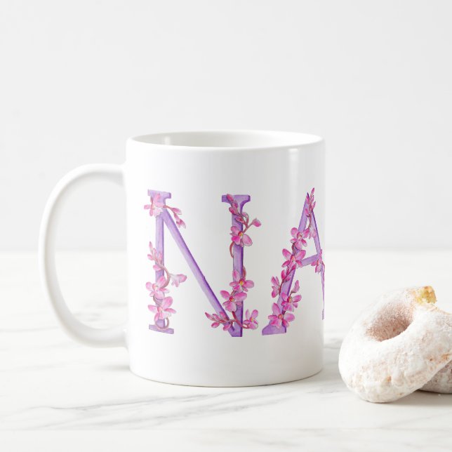 Nana text orchid purple pink art painting mug (With Donut)
