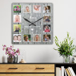 Nana We Love You 12 Photo Collage Gray Wood   Square Wall Clock<br><div class="desc">Rustic wood photo collage clock personalized with 12 pictures , grandchildren names and 'Nana We love you ' typography.</div>