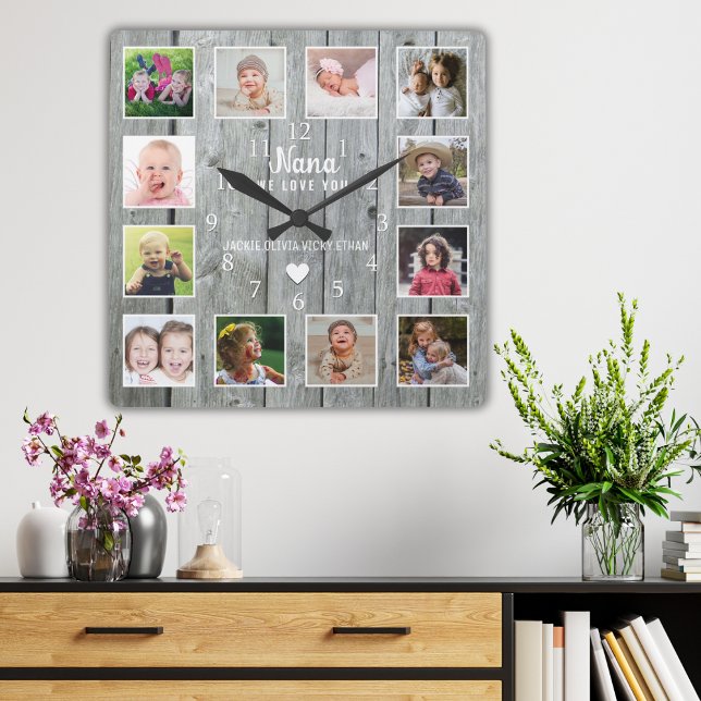 Nana We Love You 12 Photo Collage Gray Wood   Square Wall Clock (Creator Uploaded)