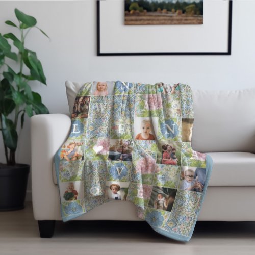Nana We Love You  Floral Patchwork Quilt 14 Photo Fleece Blanket