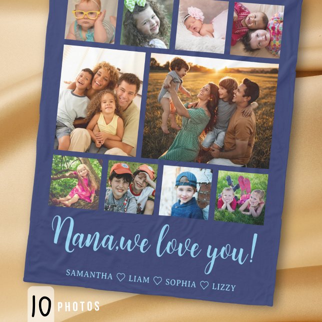 Nana We Love You Grandkids 10 Photo Collage Blue Fleece Blanket (Creator Uploaded)