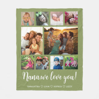 Nana We Love You Grandkids 10 Photo Collage Green Fleece Blanket